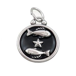 Raw Stainless Steel Pisces Zodiac Charms Pendant Circle Black Enamel, approx 17mm dia