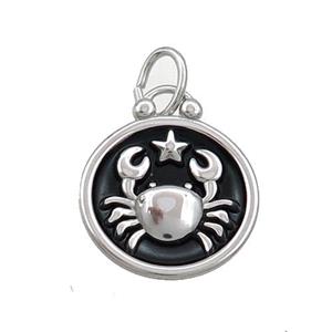 Raw Stainless Steel Cancer Zodiac Charms Pendant Circle Black Enamel, approx 17mm dia