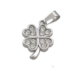 Raw Stainless Steel Clover Pendant Pave Rhinestone, approx 12-14mm