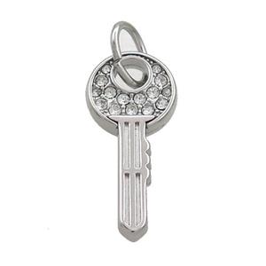 Raw Stainless Steel Key Pendant Pave Rhinestone, approx 10-22mm