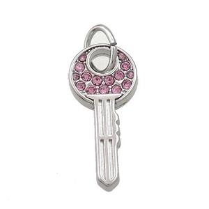 Raw Stainless Steel Key Pendant Pave Pink Rhinestone, approx 10-22mm