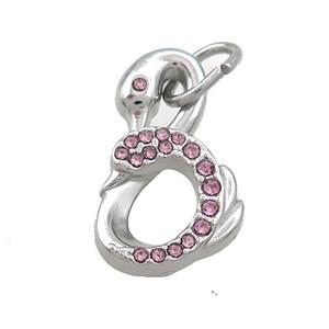 Raw Stainless Steel Swan Pendant Pave Pink Rhinestone, approx 11.5-19mm