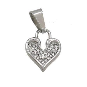 Raw Stainless Steel Heart Pendant Pave Rhinestone, approx 14-19mm