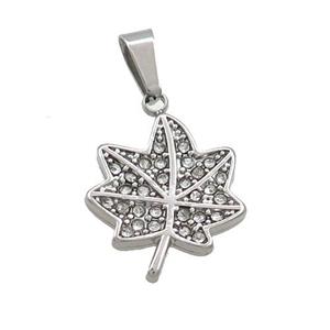 Raw Stainless Steel Maple Leaf Pendant Pave Rhinestone, approx 14mm