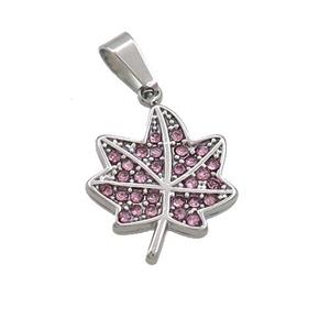 Raw Stainless Steel Maple Leaf Pendant Pave Pink Rhinestone, approx 14mm