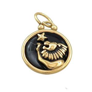 Stainless Steel Leo Zodiac Charms Pendant Circle Black Enamel Gold Plated, approx 17mm dia
