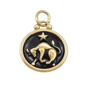 Stainless Steel Taurus Zodiac Charms Pendant Circle Black Enamel Gold Plated, approx 17mm dia