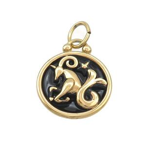 Stainless Steel Capricorn Zodiac Charms Pendant Circle Black Enamel Gold Plated, approx 17mm dia