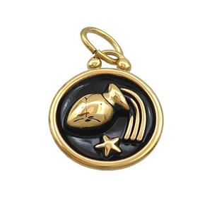 Stainless Steel Aquarius Zodiac Charms Pendant Circle Black Enamel Gold Plated, approx 17mm dia