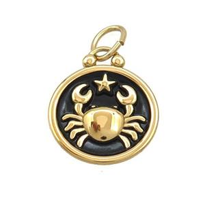 Stainless Steel Cancer Zodiac Charms Pendant Circle Black Enamel Gold Plated, approx 17mm dia