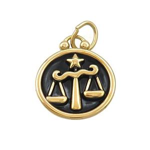 Stainless Steel Libra Zodiac Charms Pendant Circle Black Enamel Gold Plated, approx 17mm dia