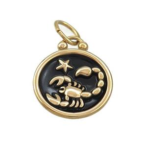 Stainless Steel Scorpio Zodiac Charms Pendant Circle Black Enamel Gold Plated, approx 17mm dia
