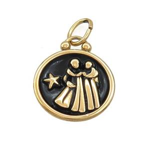 Stainless Steel Gemini Zodiac Charms Pendant Circle Black Enamel Gold Plated, approx 17mm dia