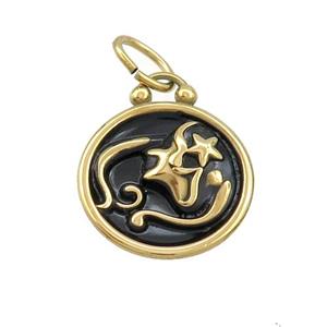 Stainless Steel Virgo Zodiac Charms Pendant Circle Black Enamel Gold Plated, approx 17mm dia