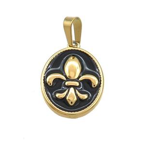 Stainless Steel Fleur-De-Lis Charms Pendant Oval Black Enamel Gold Plated, approx 13.5-18mm