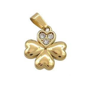 Stainless Steel Clover Pendant Pave Rhinestone Gold Plated, approx 14mm