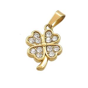 Stainless Steel Clover Charms Pendant Pave Rhinestone Gold Plated, approx 12-14mm