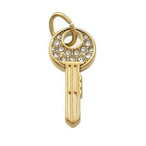 Stainless Steel Key Charms Pendant Pave Rhinestone Gold Plated, approx 10-22mm