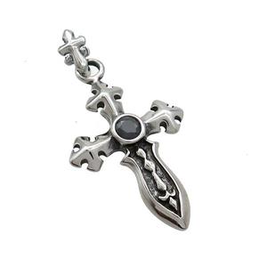 Stainless Steel Cross Pendant Pave Rhinestone Sword Antique Silver, approx 22-32mm