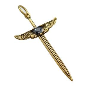 Stainless Steel Cross Pendant Pave Rhinestone Angel Wings Antique Gold, approx 31-60mm