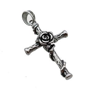 Stainless Steel Cross Pendant Flower Antique Silver, approx 24-35mm