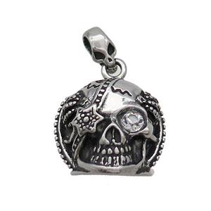 Stainless Steel Skull Charms Pendant Pave Rhinestone Antique Silver, approx 21mm