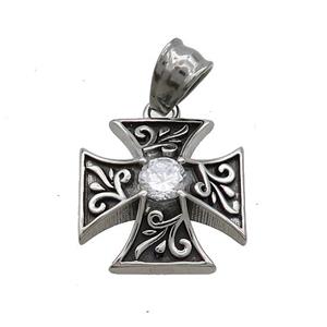 Stainless Steel Cross Charms Pendant Pave Rhinestone Antique Silver, approx 20mm