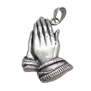 Stainless Steel Praying Hands Pendant Buddhist Antique Silver, approx 28-45mm