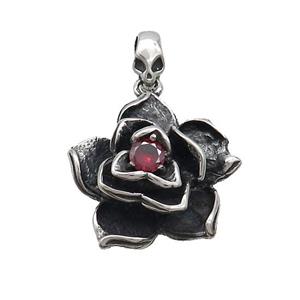Stainless Steel Flower Pendant Pave Rhinestone Antique Silver, approx 25mm
