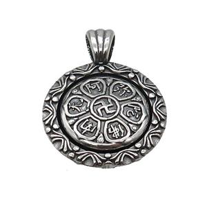 Stainless Steel Buddhist Charms Pendant Circle Om Mani Padme Hum Antique Silver, approx 28mm