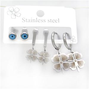 Raw Stainless Steel Earrings Evil Eye Clover, approx 6-10mm, 14mm dia