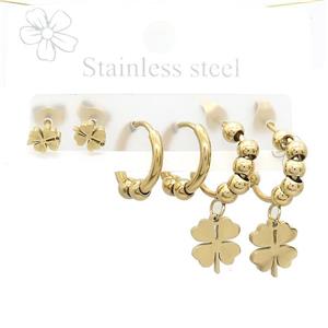 Stainless Steel Earrings Clover Gold Plated, approx 6-10mm, 14mm dia