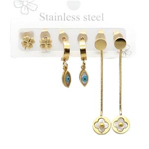 Stainless Steel Earrings Clover Eye Gold Plated, approx 6-10mm, 14mm dia