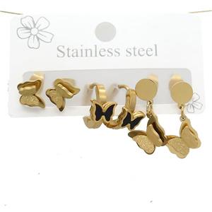 Stainless Steel Earrings Butterfly Gold Plated, approx 6-10mm, 14mm dia