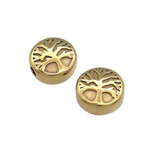 Stainless Steel Coin Beads Tree Of Life Button Gold Plated, approx 10mm