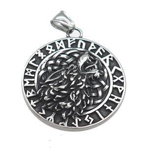Stainless Steel Pendants Totem Charms Wolf Circle Antique Silver, approx 38mm