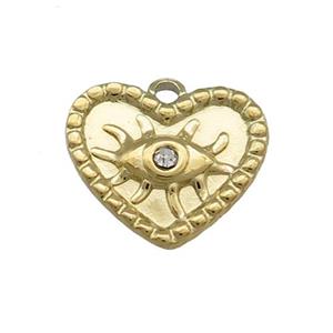 Stainless Steel Heart Pendant With Evil Eye Pave Rhinestone Gold Plated, approx 15mm