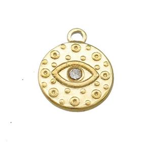 Stainless Steel Circle Pendants With Evil Eye Pave Rhinestone Gold Plated, approx 15mm