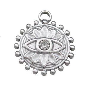 Raw Stainless Steel Circle Pendants With Evil Eye Pave Rhinestone, approx 18mm