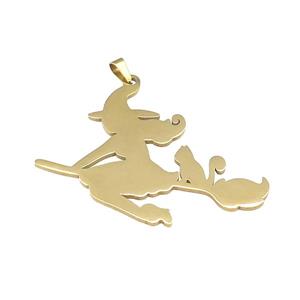 Stainless Steel Witch Charms Pendant Halloween Broom Cat Gold Plated, approx 40-50mm