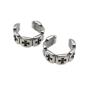 Stainless Steel Clip Earrings Cuff Cross Antique Silver, approx 13-15mm