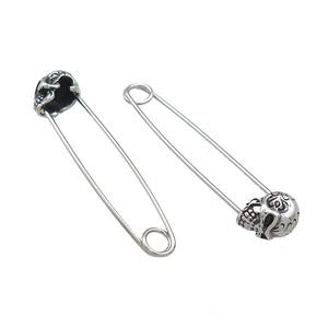 Stainless Steel Safety Pins Skull Antique Silver, approx 6-8mm, 40mm