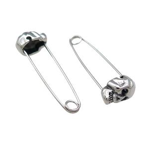 Stainless Steel Safety Pins Skull Antique Silver, approx 9-13mm, 40mm