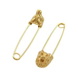 Stainless Steel Safety Pins Lion Gold Plated, approx 9-13mm, 40mm