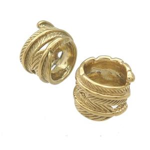 Stainless Steel Beads Feather Large Hole Gold Plated, approx 12mm, 9mm hole
