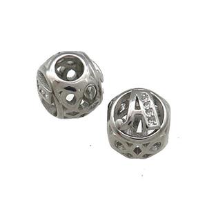 Raw Titanium Steel Round Beads Letter-A Large Hole Hollow, approx 9-10mm, 4mm hole