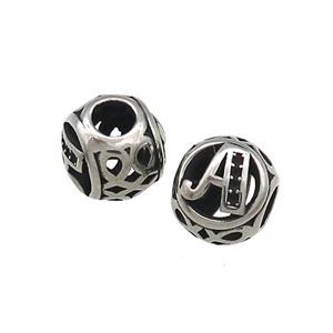 Titanium Steel Round Beads Letter-A Large Hole Hollow Antique Silver, approx 9-10mm, 4mm hole