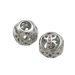 Raw Titanium Steel Round Beads Letter-B Large Hole Hollow, approx 9-10mm, 4mm hole
