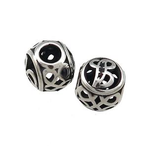 Titanium Steel Round Beads Letter-B Large Hole Hollow Antique Silver, approx 9-10mm, 4mm hole