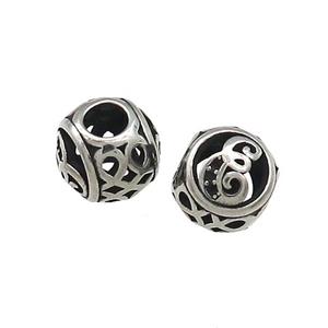 Titanium Steel Round Beads Letter-E Large Hole Hollow Antique Silver, approx 9-10mm, 4mm hole